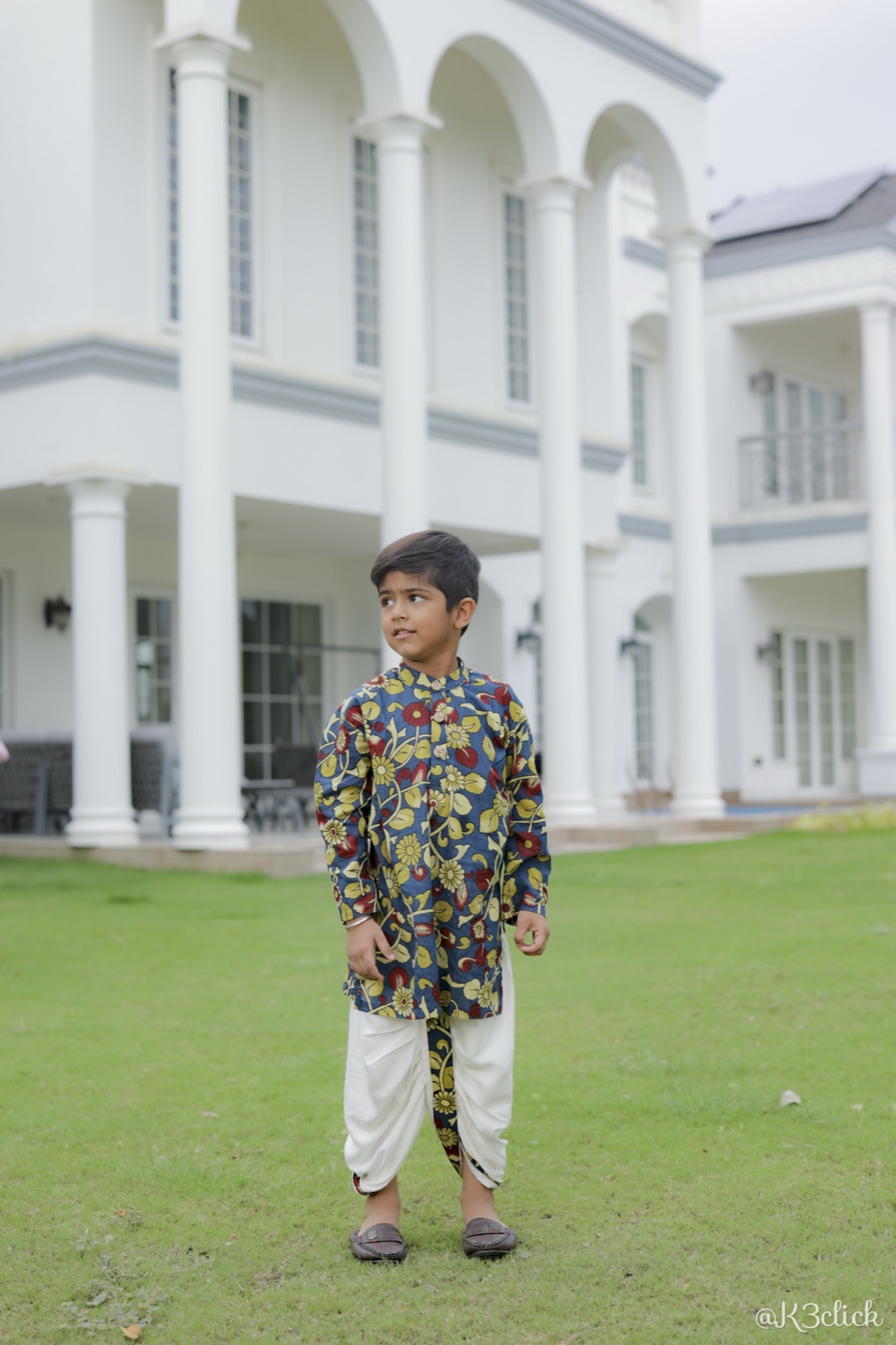 Blue floral kurta with white dhoti